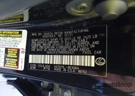 2021 Lexus Es 300H from USA, damaged, VIN 58ACA1C14MU005421